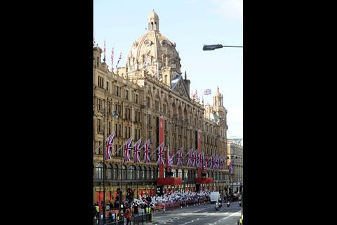 Harrods department store is celebrating the Queen’s Diamond Jubilee with store-long display of regal headpieces.